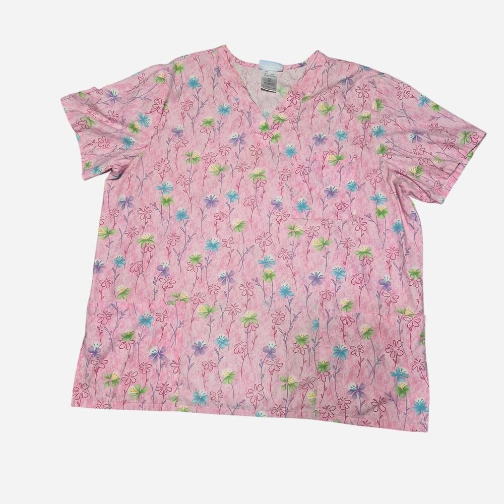 SB Scrubs Pink Floral Pastel V-Neck Scrub Top XL